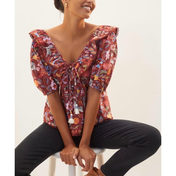 ANTHROPOLOGIE MAEVE Ruffled Tie Front Blouse Womens Small Red Floral Print - Picture 1 of 16